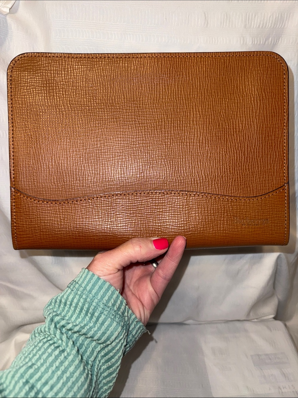 Burberrys Cognac Brown Leather Wristlet Clutch